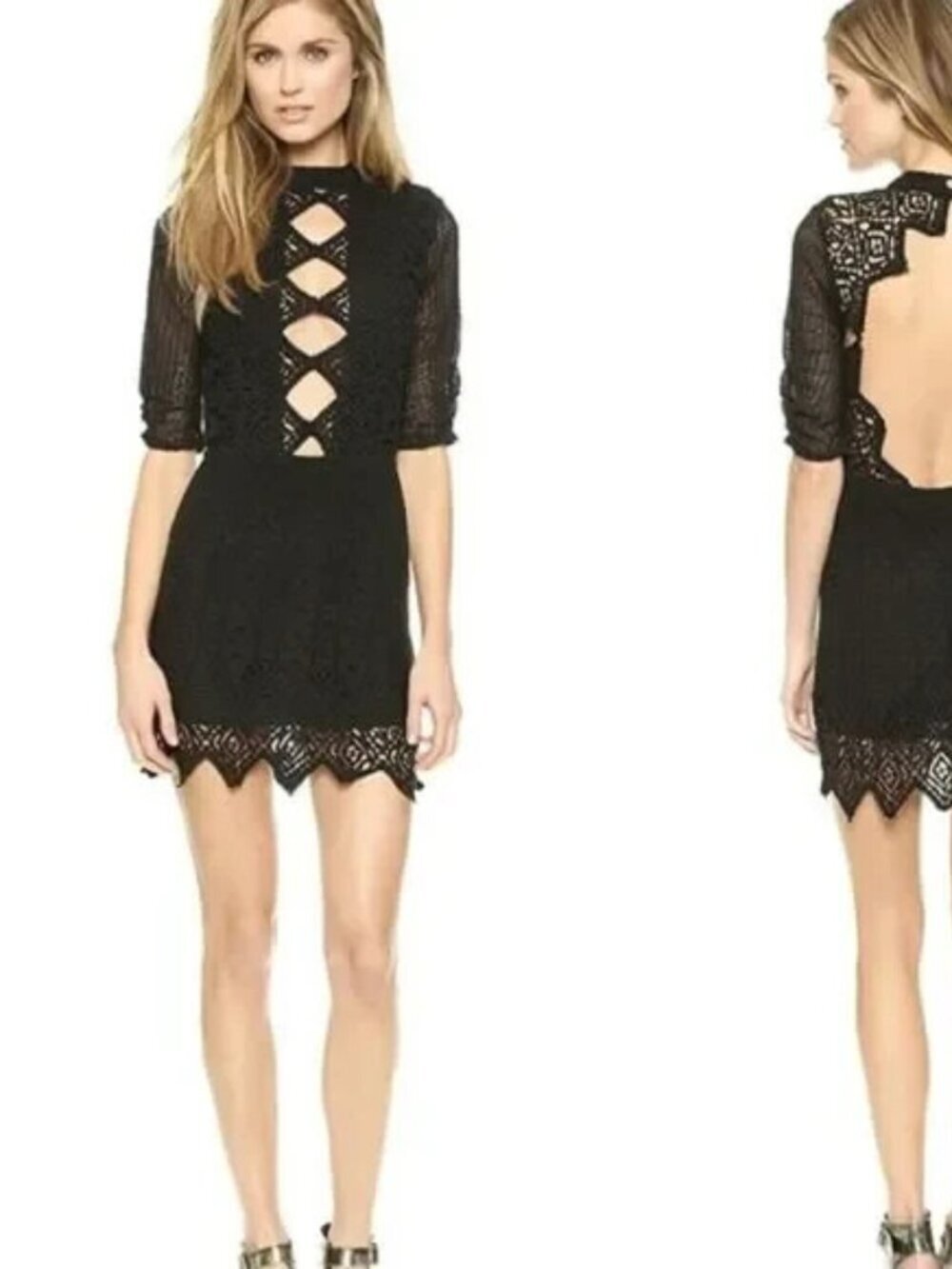 Jens Pirate Booty Nova Dress Open Back Crochet Mini Cotton Cut Out Black Small